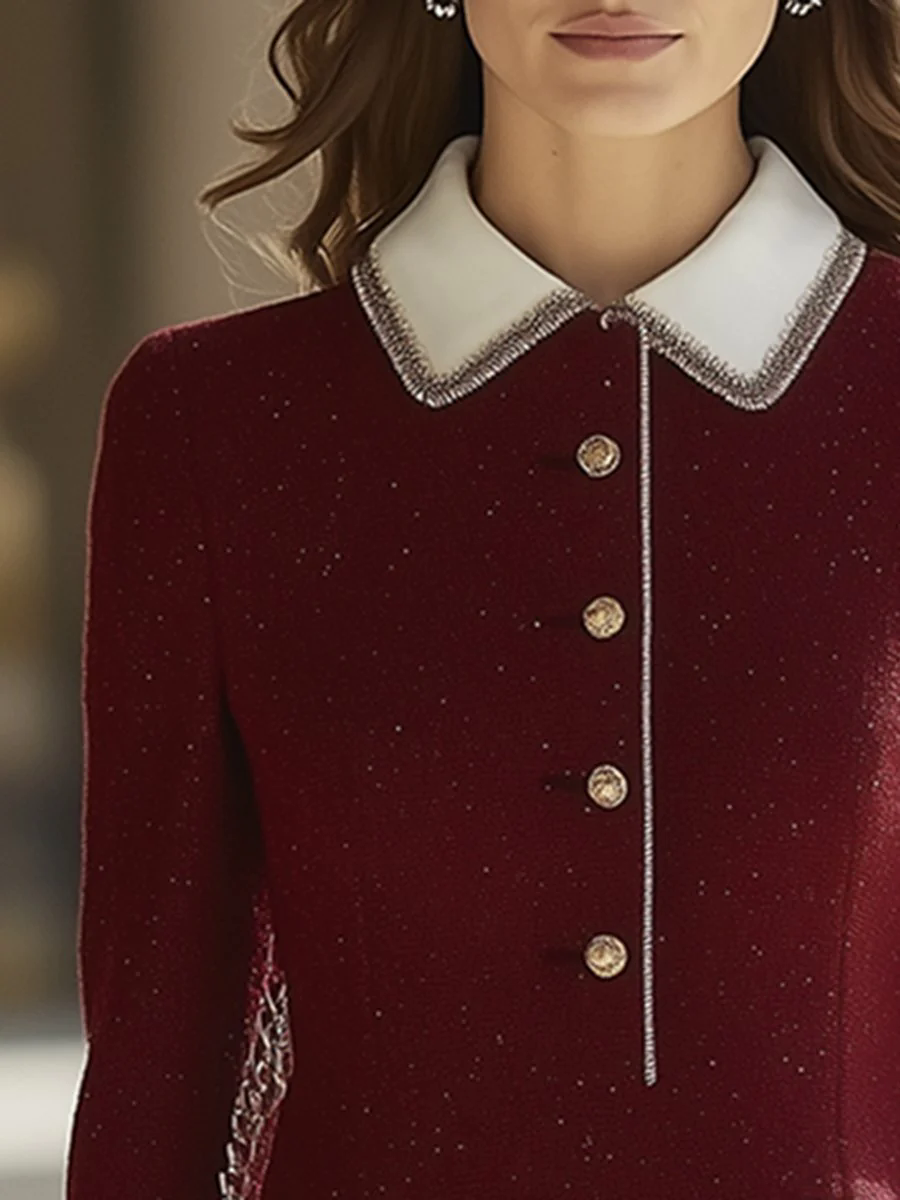 【24-hour shipping out】High-End Retro Luxury Chanel Style Contrast Hem Lapel Dress