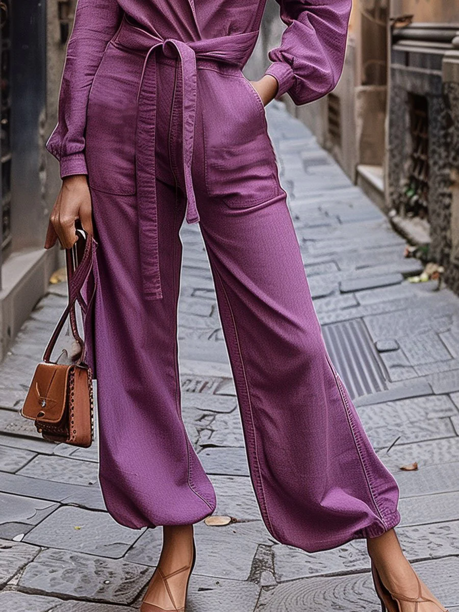 【24-hour shipping out】Casual Loose Belted Pocket Purple Denim Long Sleeve Jumpsuit