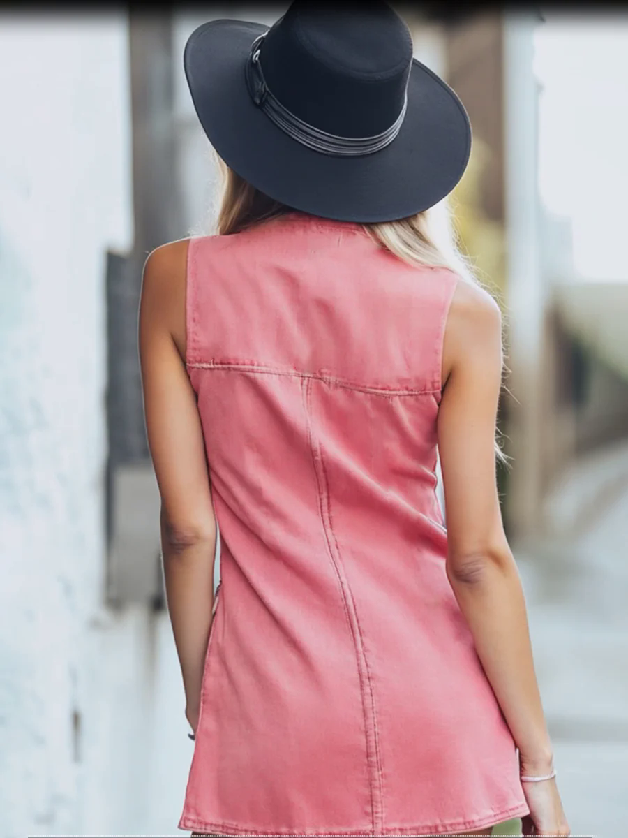 【24-hour shipping out】Chic Pink Denim Button Front Sleeveless Mini Dress