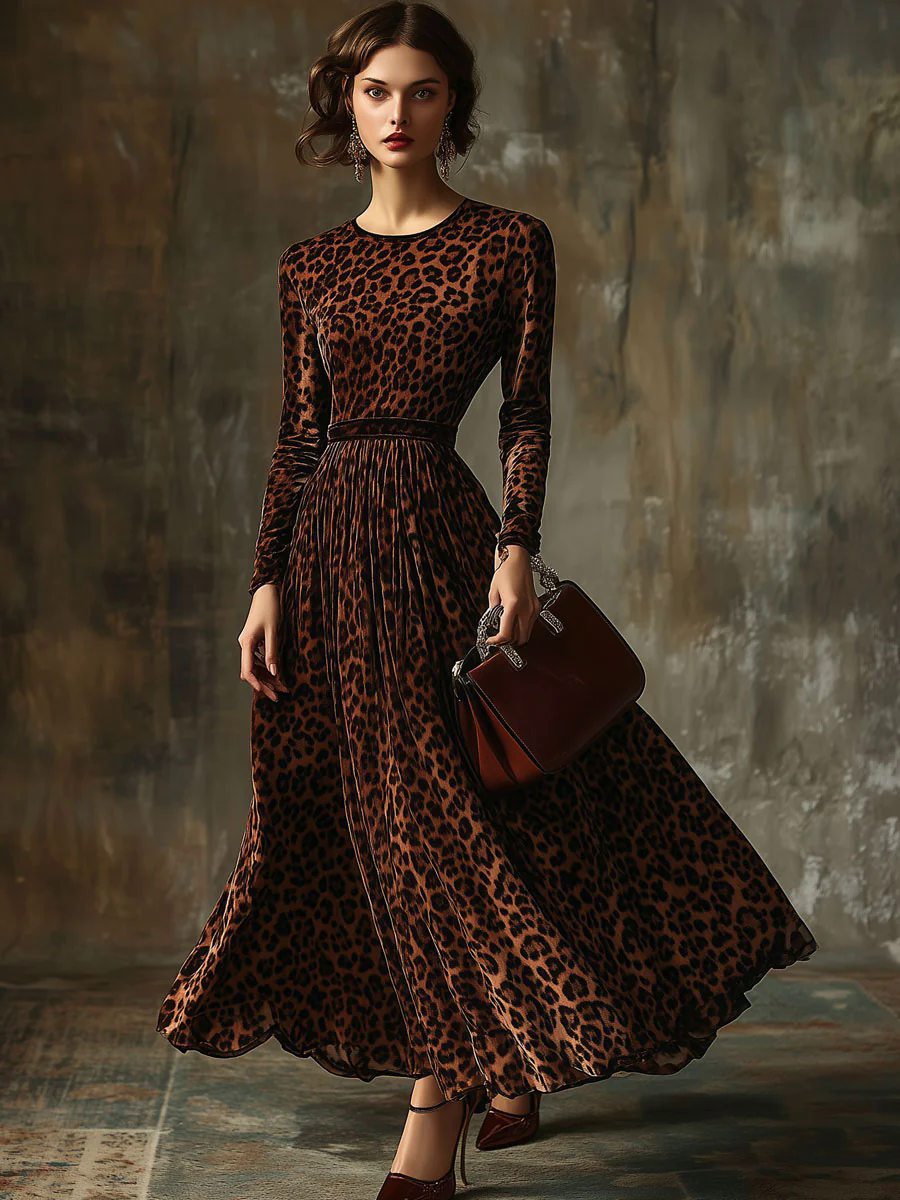【24-hour shipping out】Casual Vintage Velvet Leopard Print Round Neck Maxi Dress