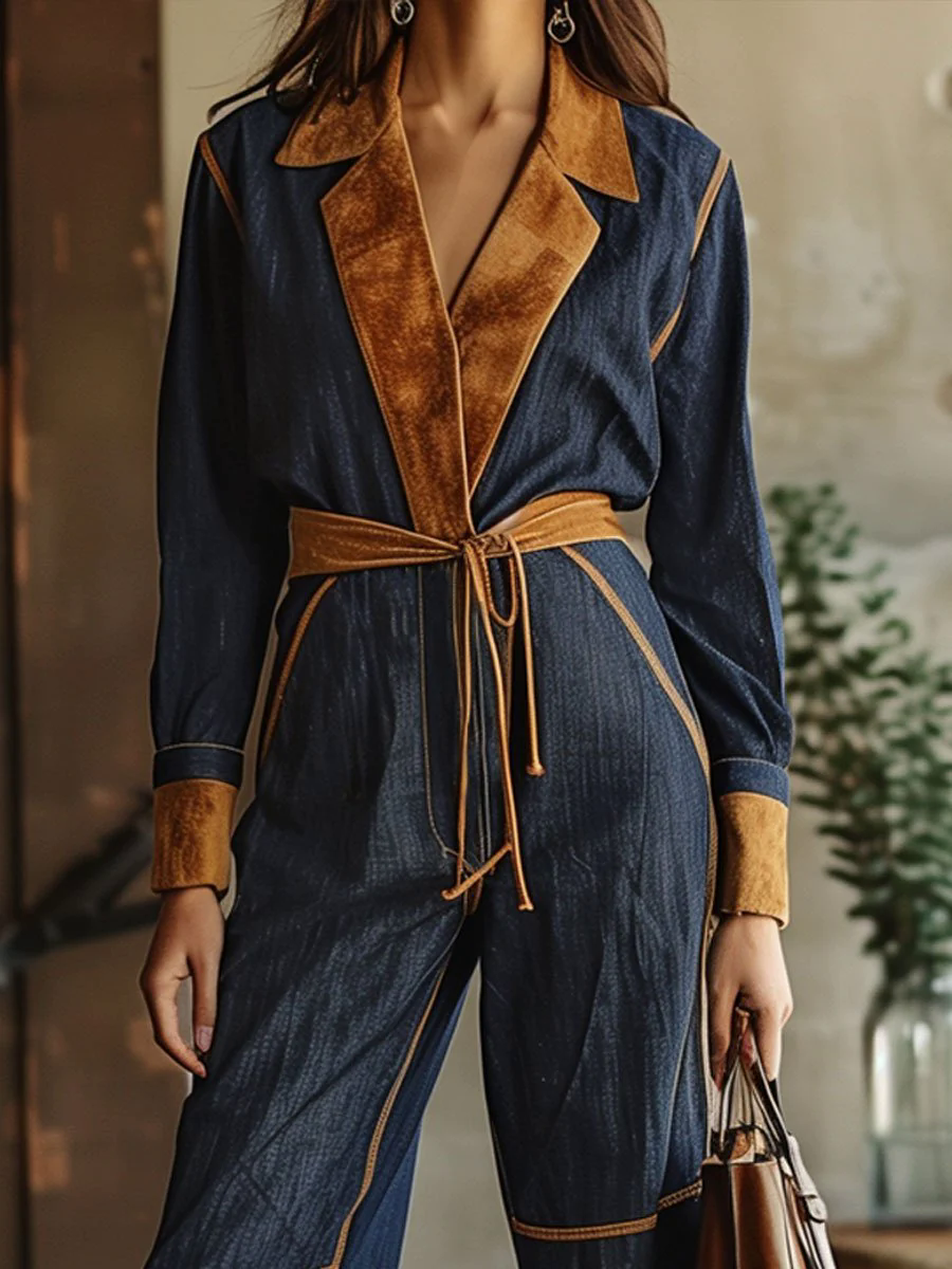 【24-hour shipping out】Casual Loose Retro Denim Suede Stitching Long-Sleeved Jumpsuit