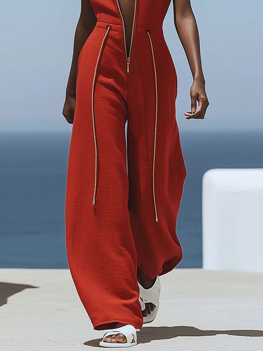 【24-hour shipping out】Casual Retro Red Cotton and Linen Zipper Sleeveless Elastic Waist Wide Leg Jumpsuit