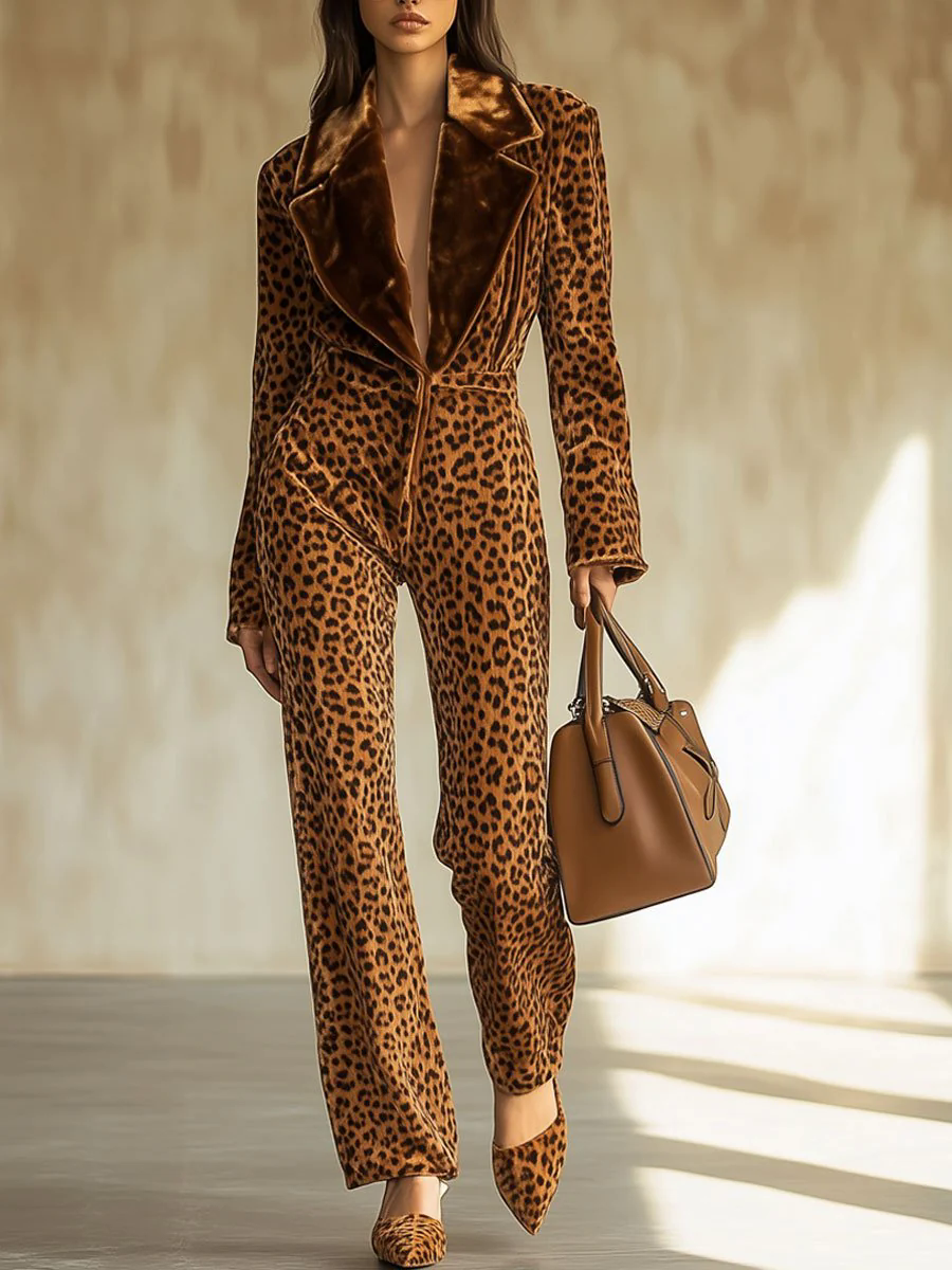 【24-hour shipping out】Casual Loose Retro Velvet Leopard Print Colorblock Lapel Long Sleeve Jumpsuit