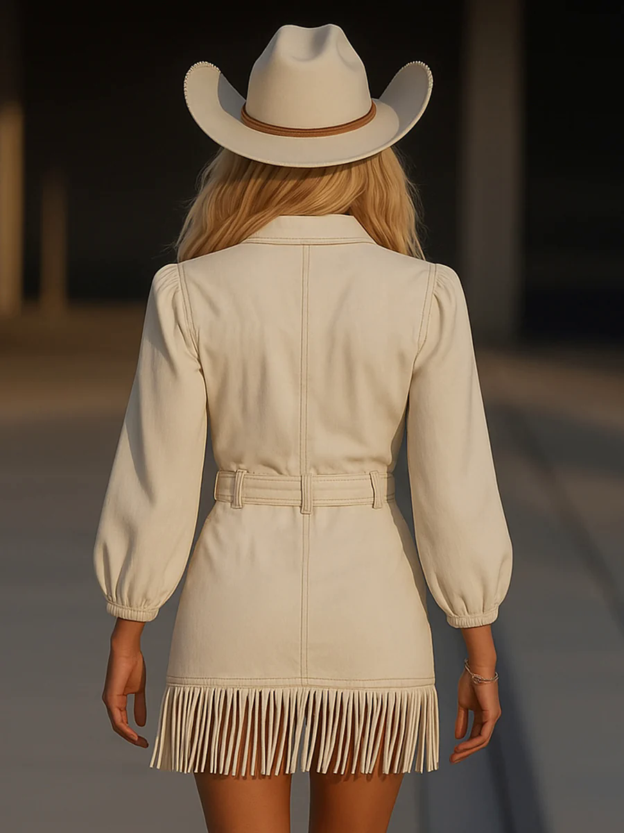 【24-hour shipping out】Retro High-end Fashion Tassel Splicing Denim Mini Dress