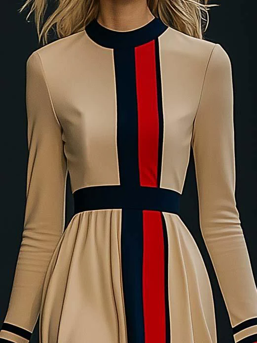 【24-hour shipping out】Elegant Colorblock Long Sleeve Midi Dress