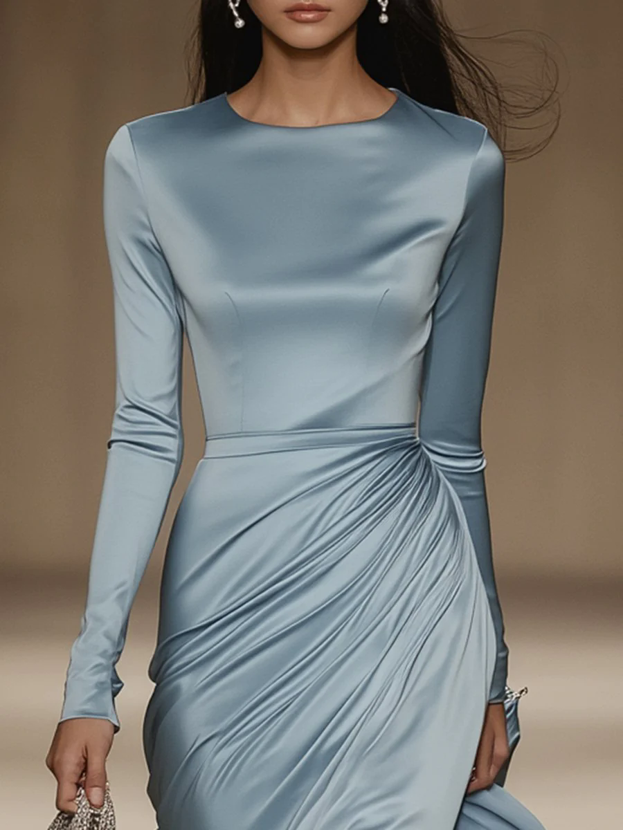 【24-hour shipping out】Elegant and Gentle Round Neck Blue Satin Long Sleeve Maxi Dress
