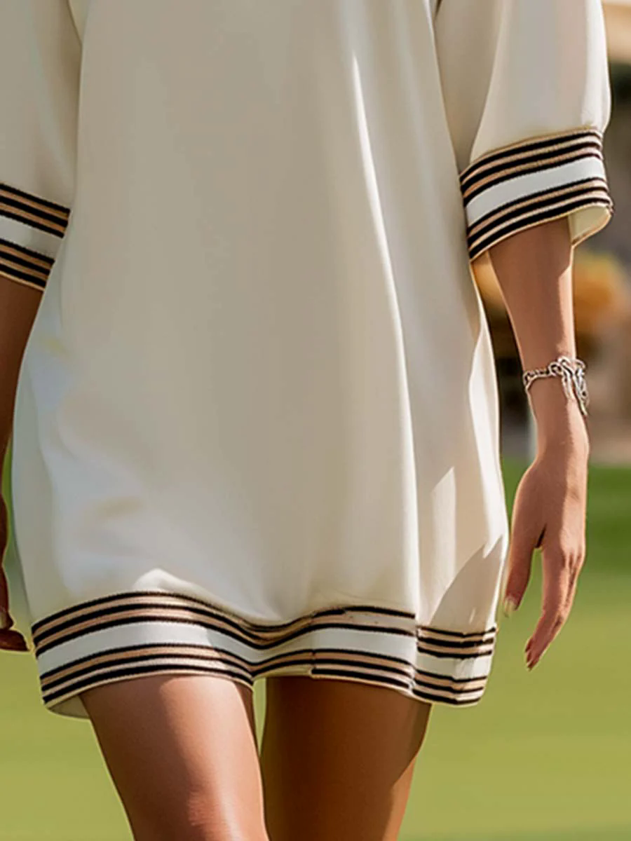 Casual Everyday Ivory Beige Stripe Trim Mid Sleeve Everyday Mini Dress