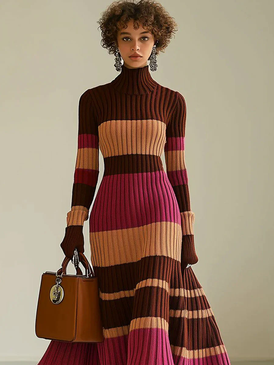 【24-hour shipping out】Fashion Loose Retro Color Striped Knitted Turtleneck Midi Dress