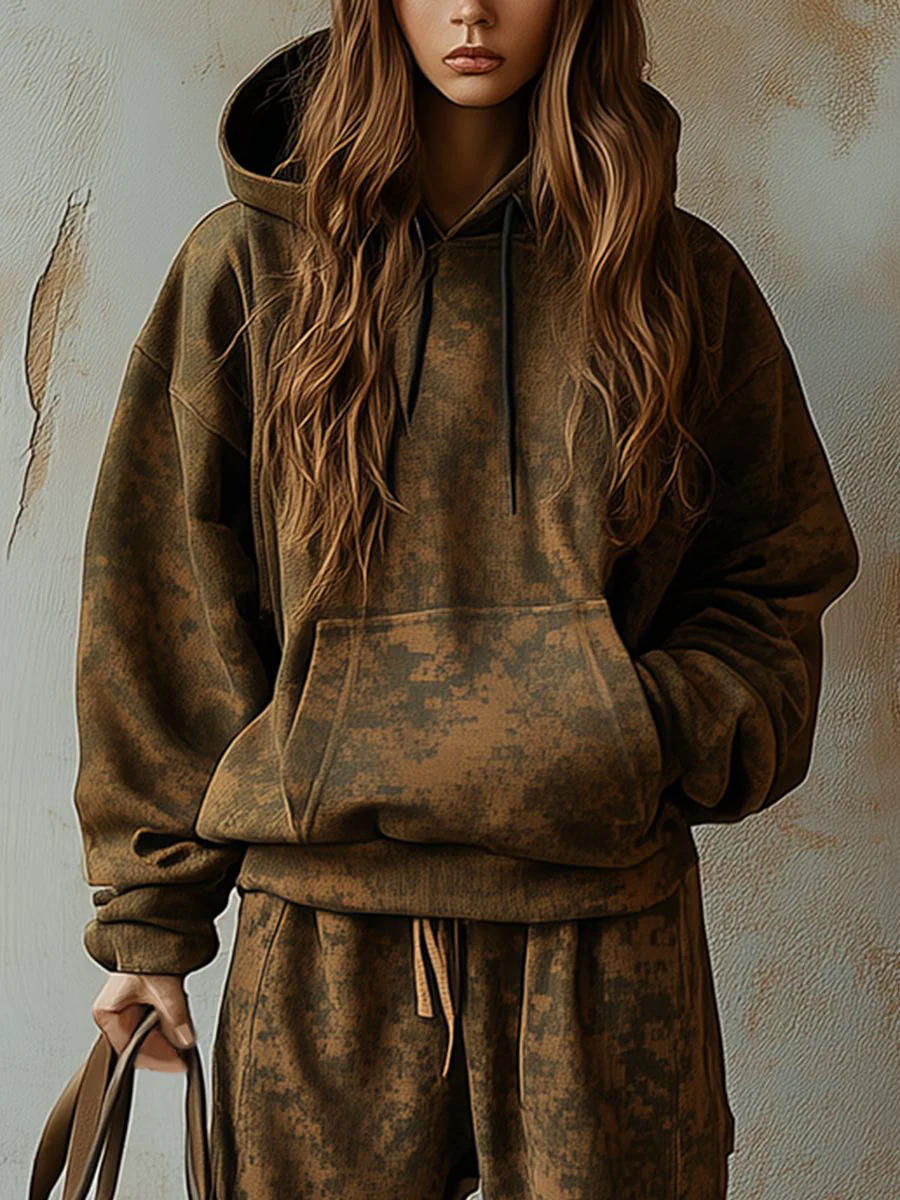 【24-hour shipping out】Fashion Retro Hooded Camouflage Sweatshirt and Leggings Two-piece Suit