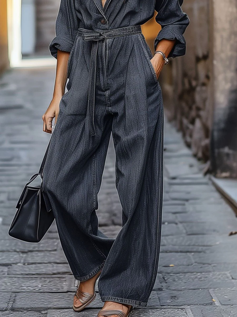 【24-hour shipping out】Casual Loose Retro Lace-up Long Sleeve Denim Jumpsuit