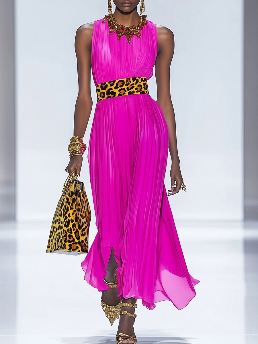 Women's Peach Pink Round Neck Sleeveless Textured Pleated Chiffon Dress With Leopard Print Belt