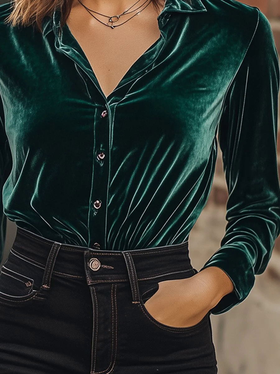 【24-hour shipping out】Casual Fashion Retro Loose Versatile Velvet Shirt