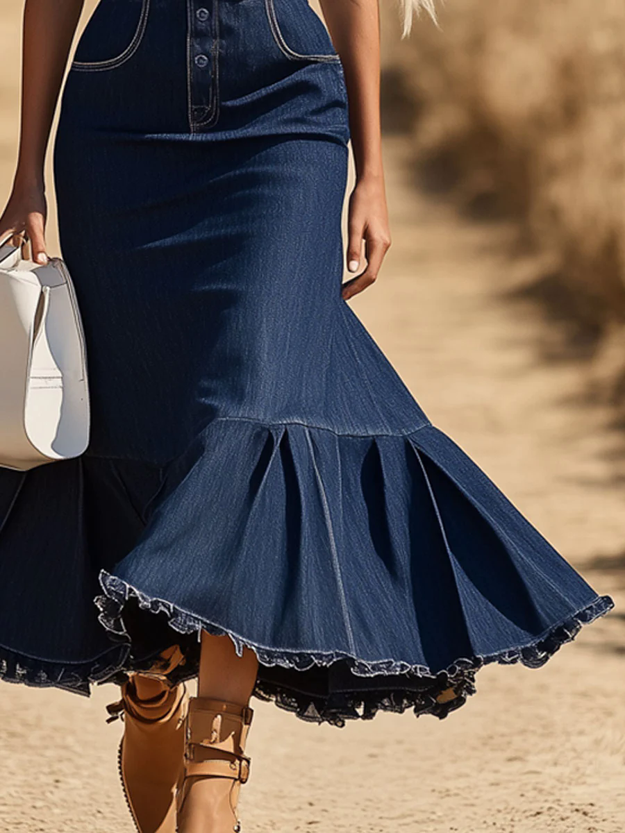 【24-hour shipping out】Casual Fashion Dark Blue Denim Sleeveless Shirt Fishtail Midi Dress