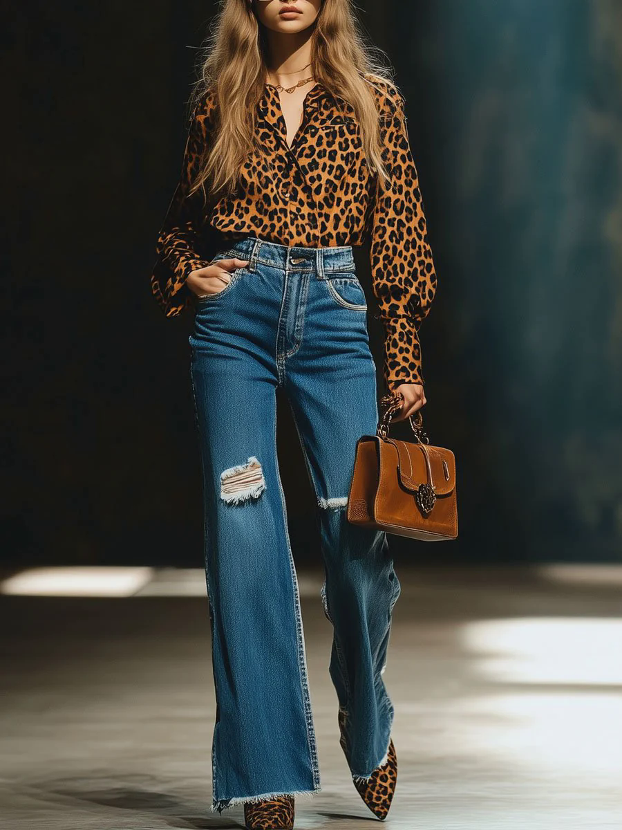 【24-hour shipping out】Casual Loose Vintage Velvet Leopard Print Long Sleeve Blouse