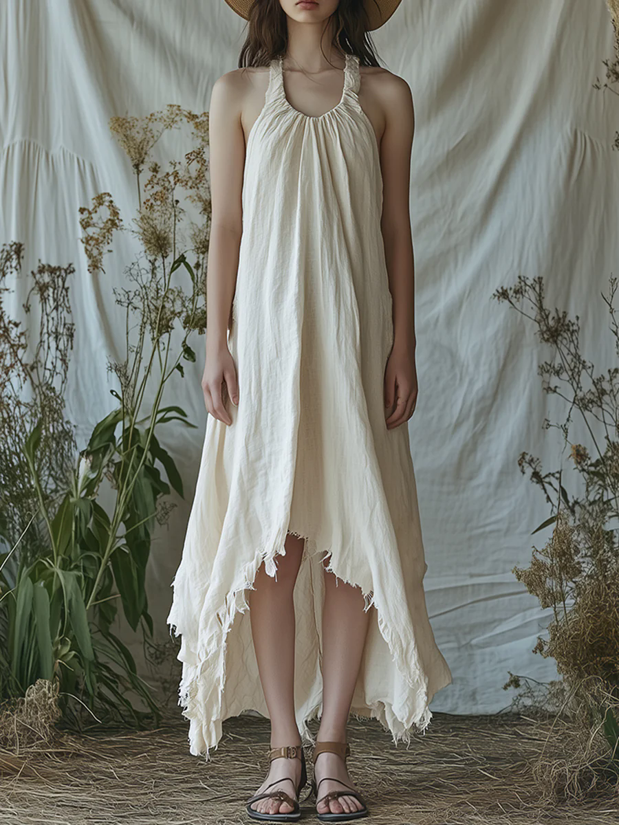 Simple And Fashionable Irregular Raw Edge Hem Sleeveless Beige Cotton And Linen Maxi Dress
