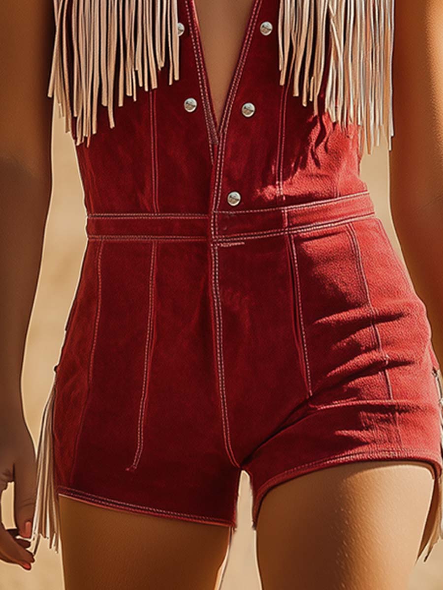 【24-hour shipping out】Western Cowboy Style Red Suede Silver Button Beige Tassel Jumpsuit