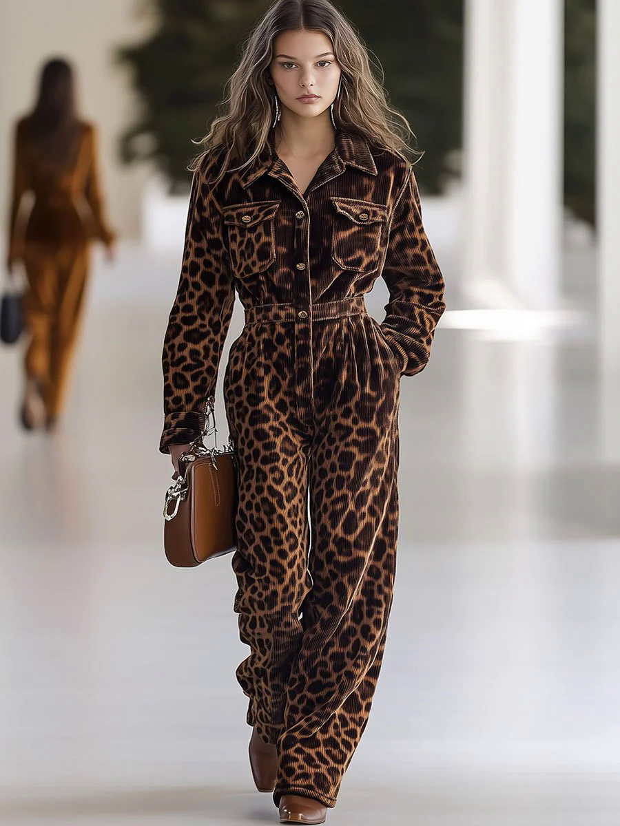 【24-hour shipping out】Casual Loose Retro Corduroy Leopard Print Multi-Pocket Long Sleeve Jumpsuit