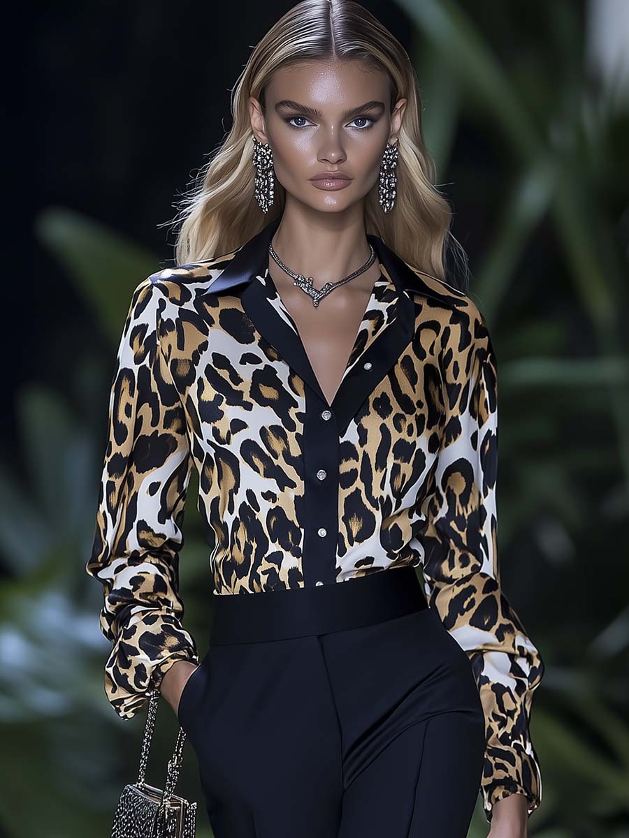 Elegant and Stylish Black Trim Leopard Print Satin Shirt