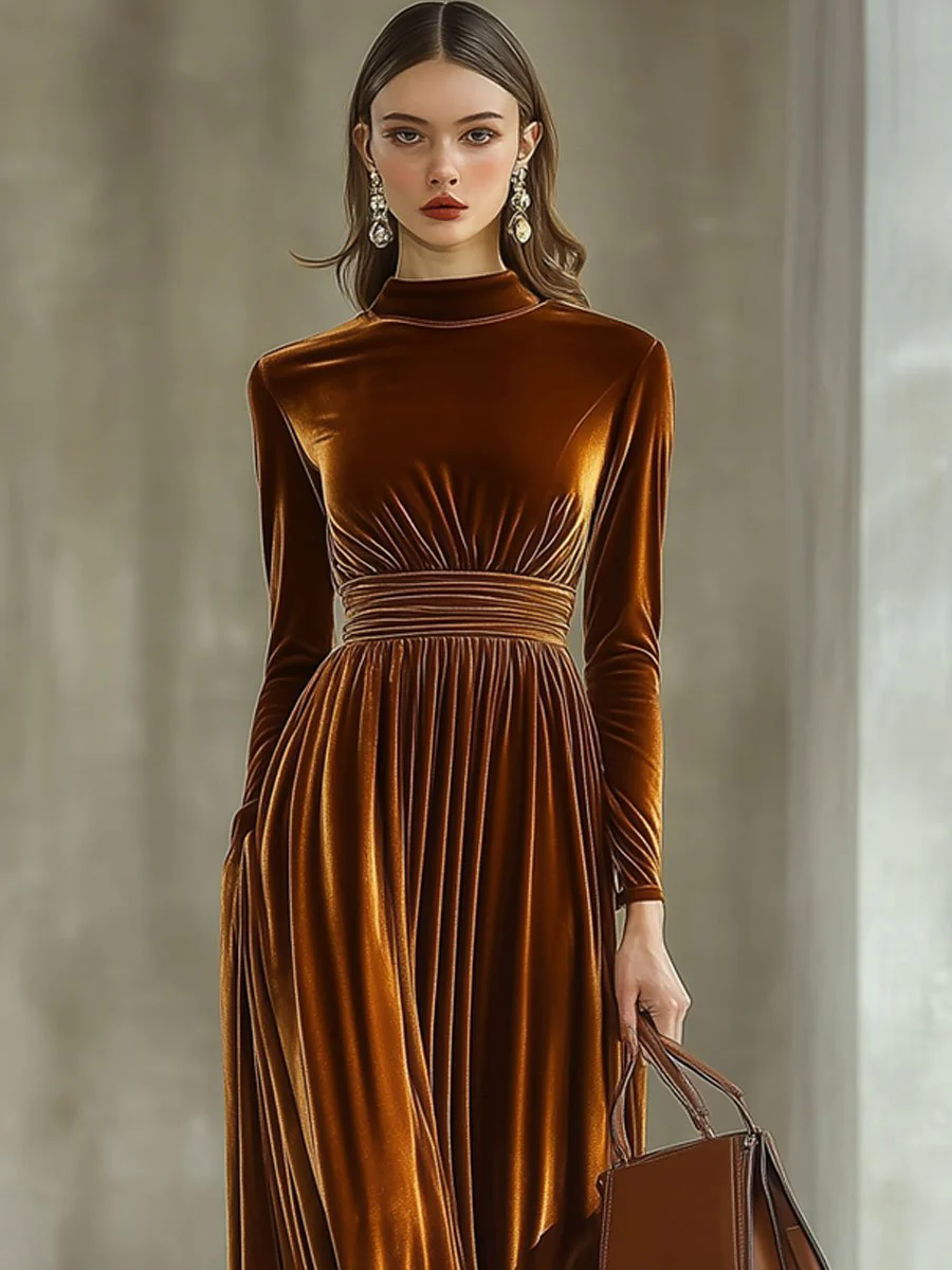 【24-hour shipping out】Solid Color Simple Party Long Sleeve Half Turtleneck Maxi Dress