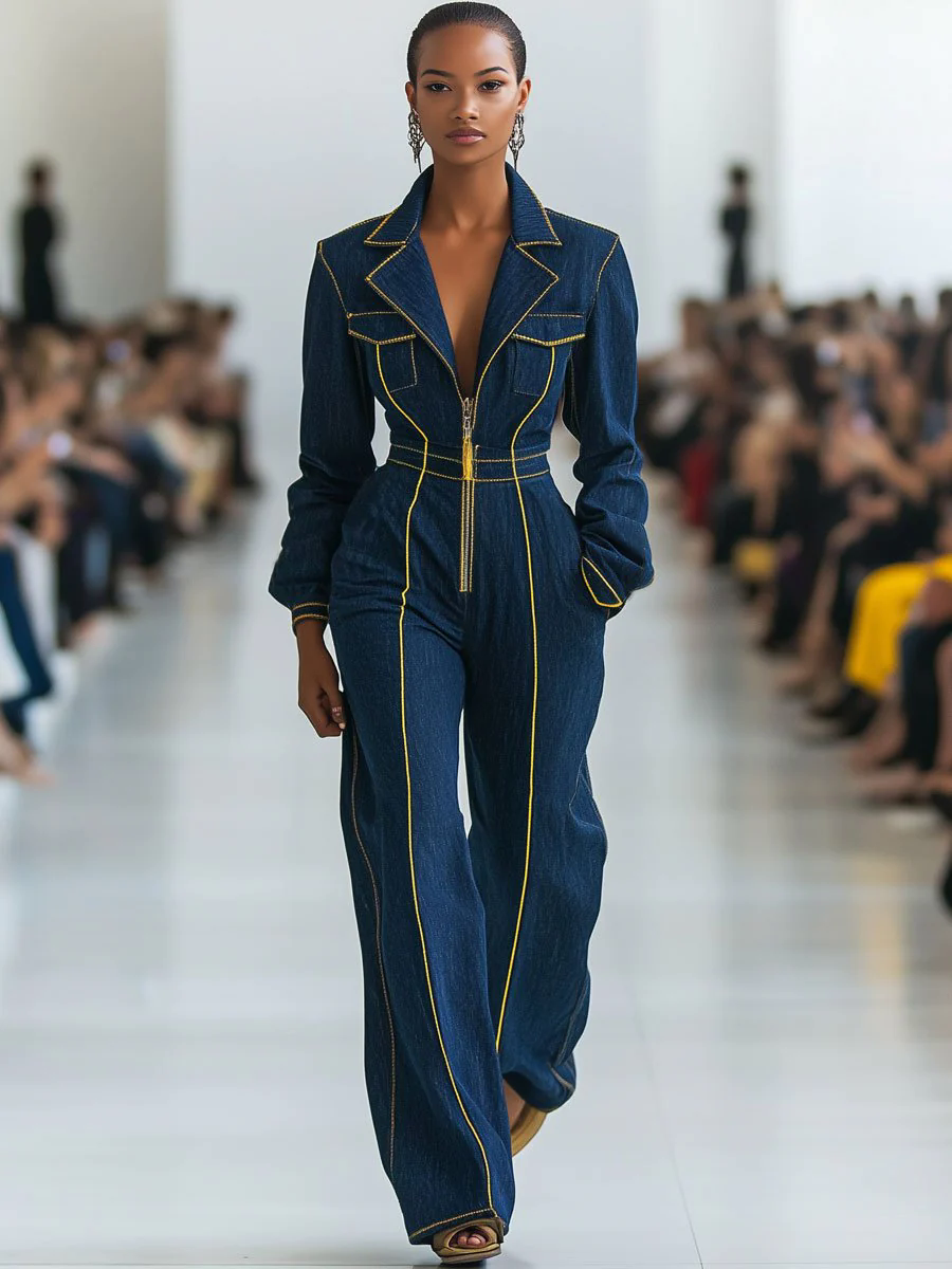 【24-hour shipping out】Casual Retro Contrast Color Line Long Sleeve Denim Wide Leg Jumpsuit