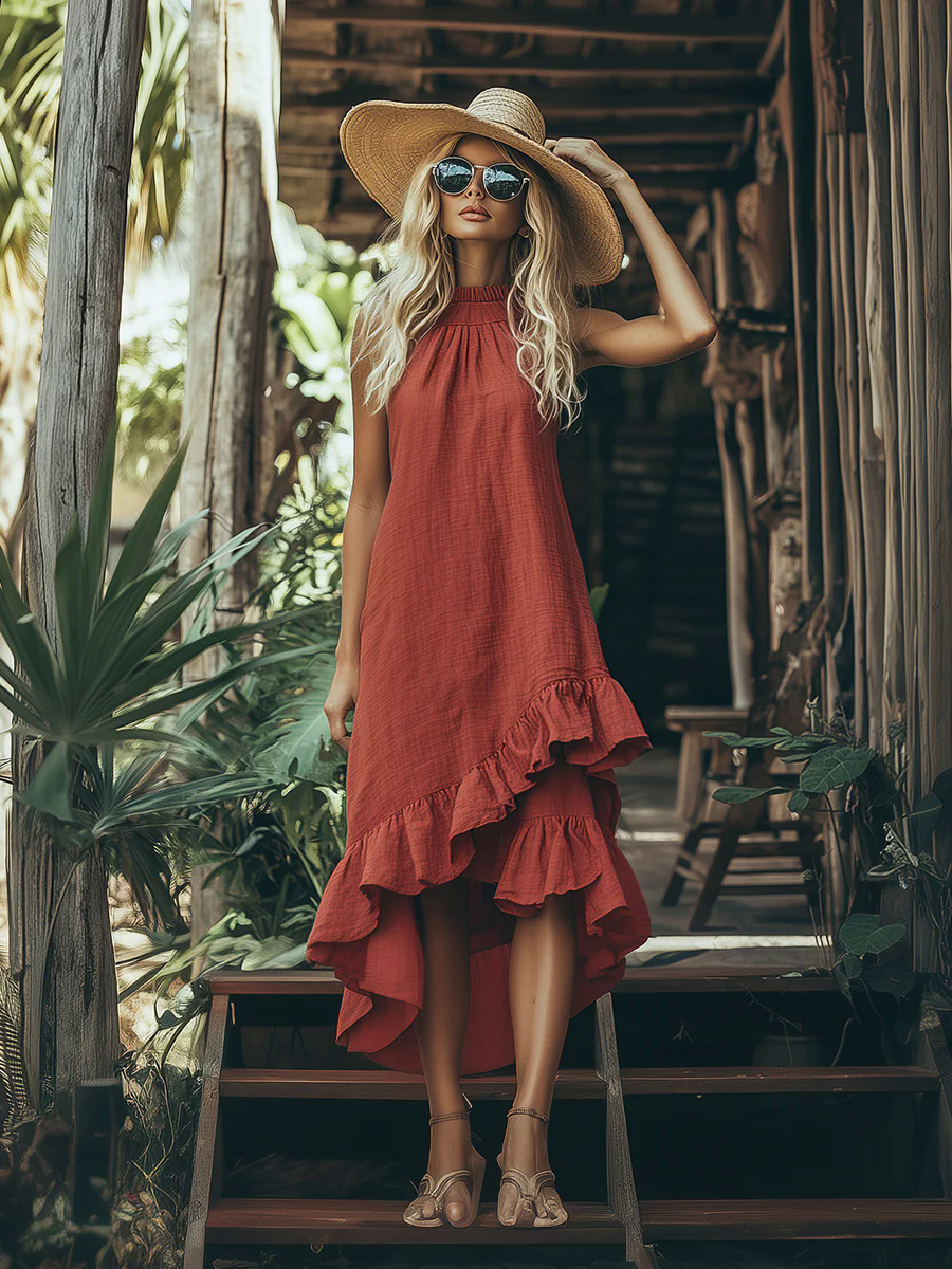 Elegant And Fashionable Irregular Lotus Leaf Hem Sleeveless Red Cotton And Linen Midi Dress