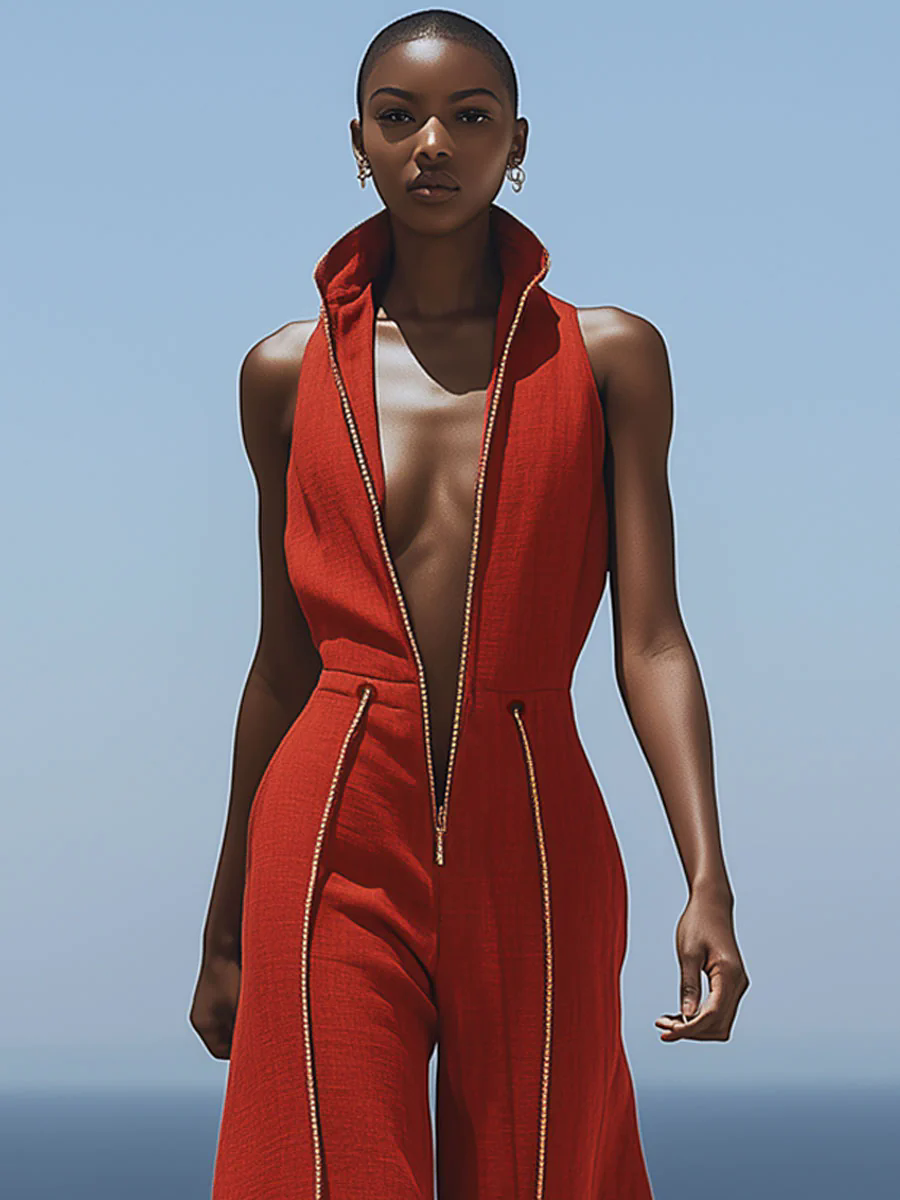 【24-hour shipping out】Casual Retro Red Cotton and Linen Zipper Sleeveless Elastic Waist Wide Leg Jumpsuit