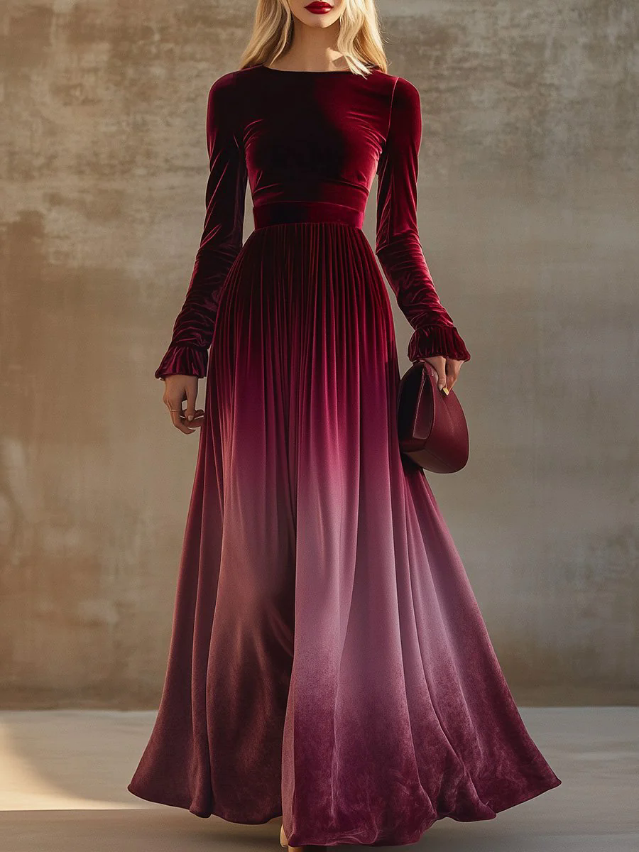 【24-hour shipping out】Elegant Straight Collar Trumpet Sleeves Burgundy Gradient Velvet Maxi Dress