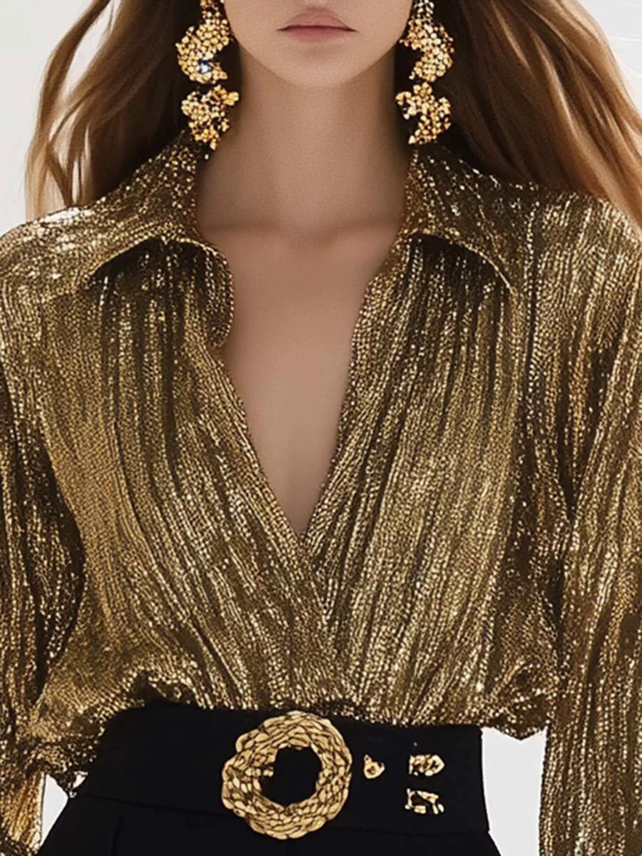 【24-hour shipping out】High-end Fashion V-neck Lantern Sleeves Gold Shiny Texture Shirt