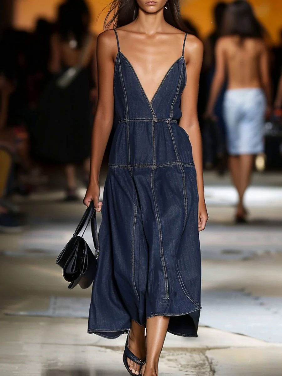 【24-hour shipping out】V-Neck Retro Contrast Color Horizontal Seam Sleeveless Denim Midi Dress