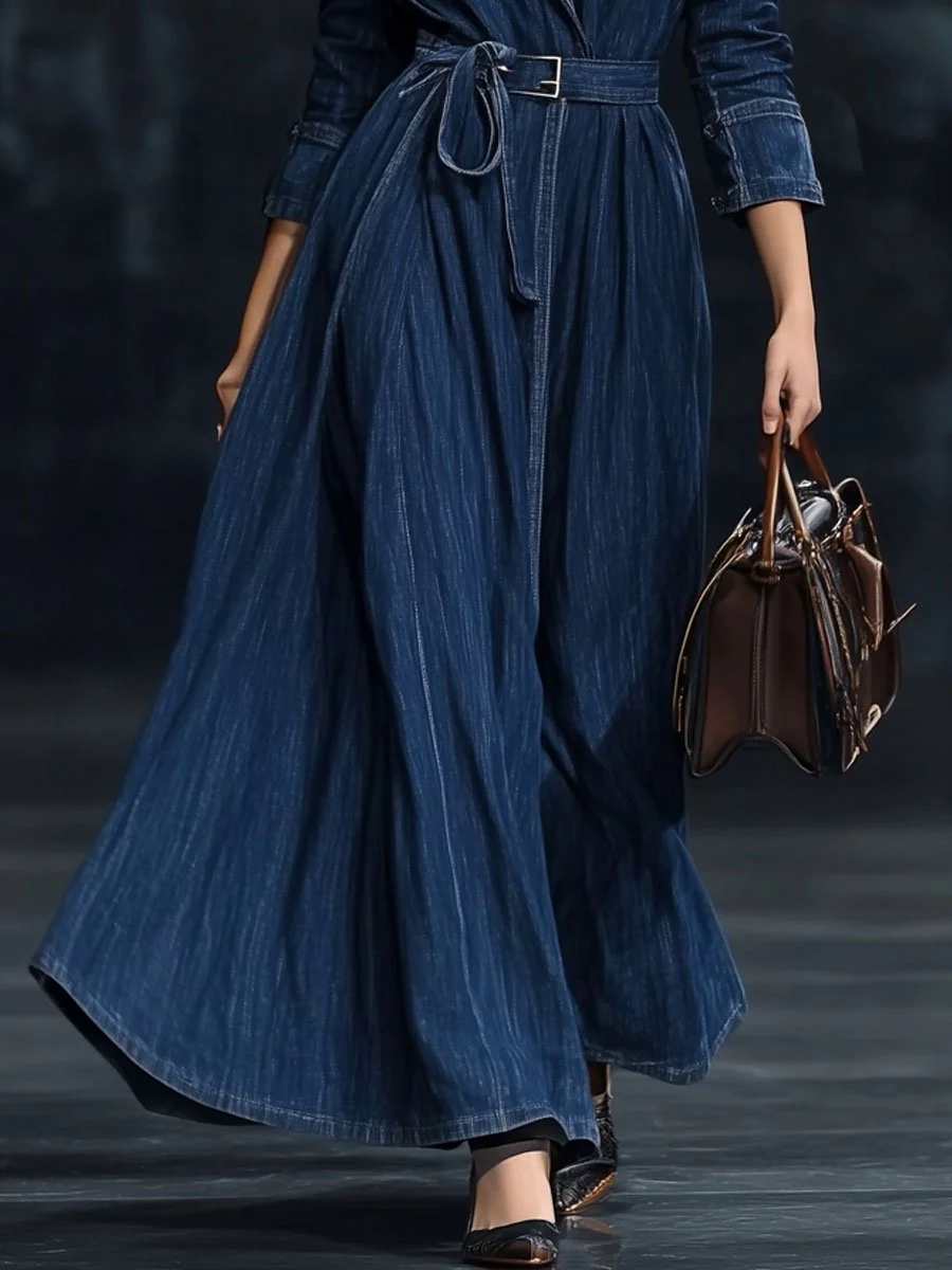 【24-hour shipping out】Casual Retro Belted Denim Long Sleeve Maxi Dress Style Trench Coat