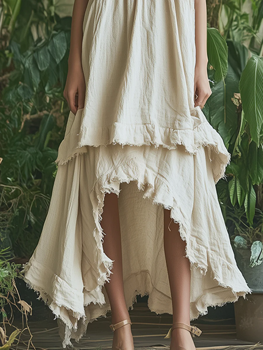 Simple Loose Irregular Raw Edge Hem Sleeveless Beige Cotton And Linen Maxi Dress