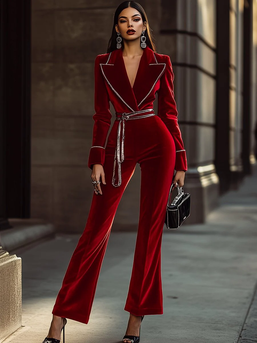 【24-hour shipping out】High-End And Fashionable Red Velvet Jumpsuit With Silver Trim