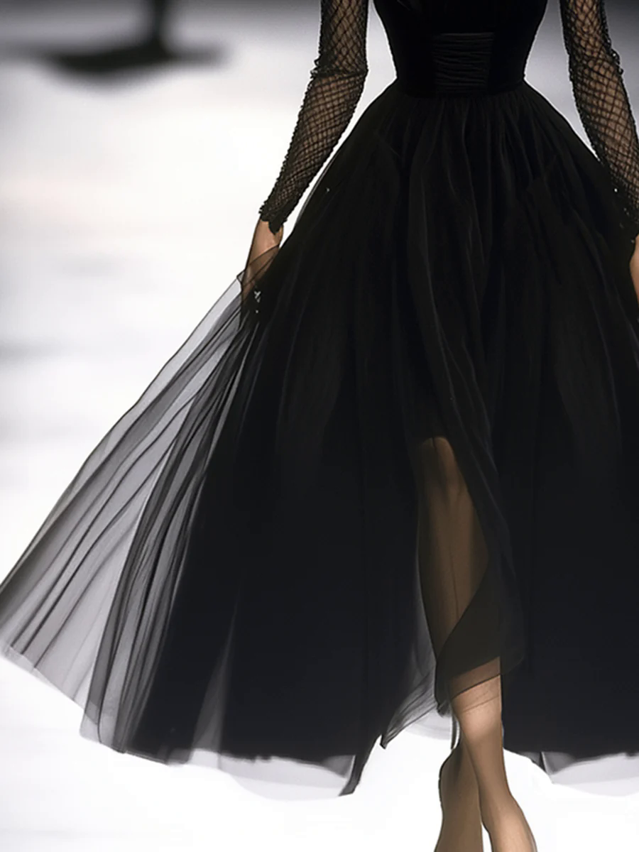 【24-hour shipping out】Retro Classic French Black Gauze Maxi Dress