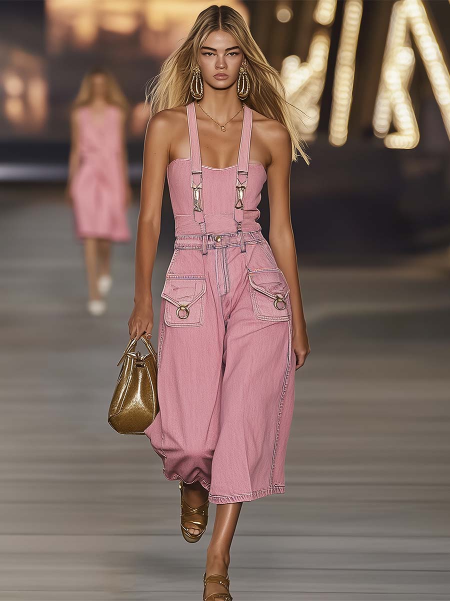 Fashion Personality Loose Pink Suspender Denim Jumpsuit Overalls