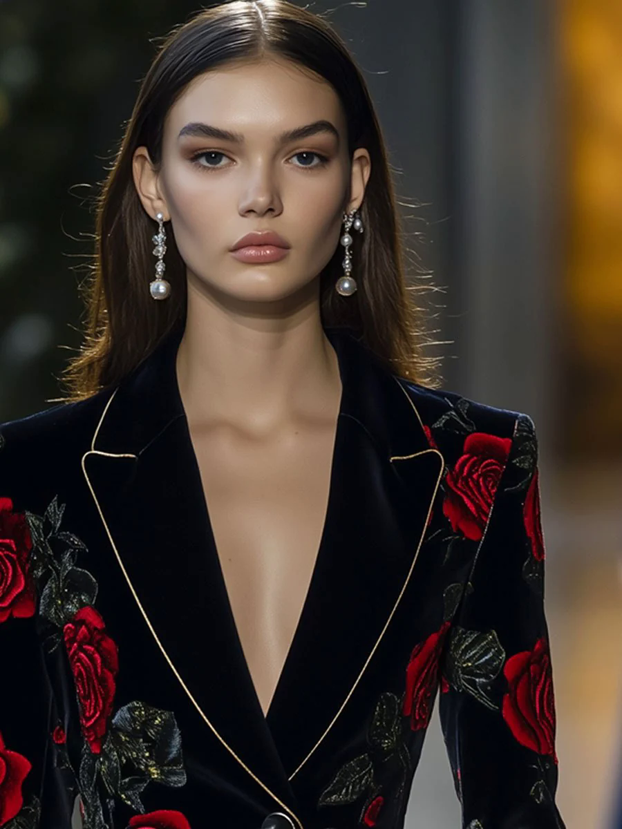 【24-hour shipping out】Casual Loose Vintage Velvet Red Rose Print Gold Trim Blazer