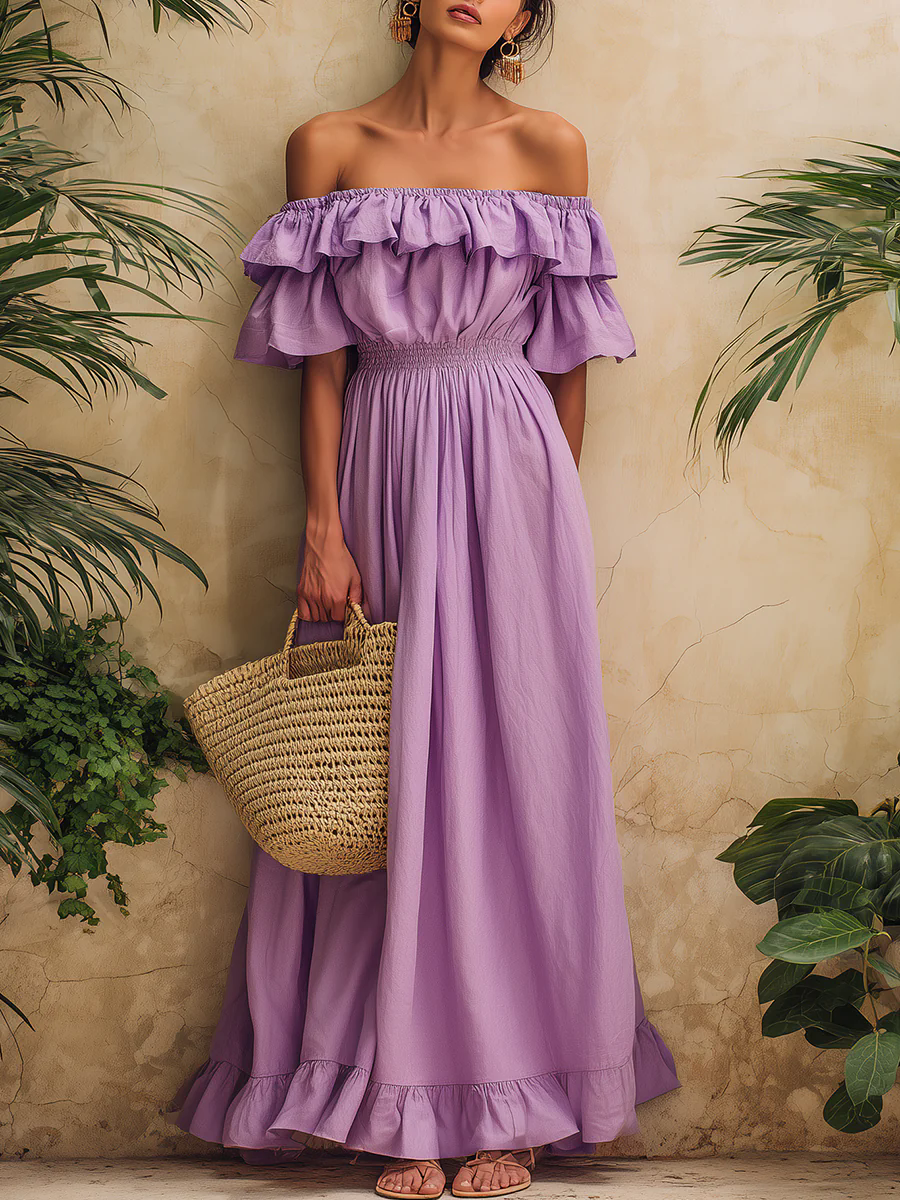 Simple Holiday Style One-shoulder Ruffled Cotton And Linen Maxi Dress