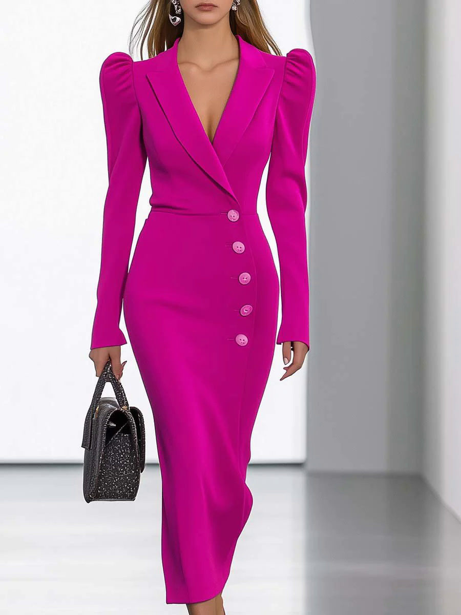 【24-hour shipping out】Elegant and Fashionable V-neck Puff Sleeve Bright Pink Slim Fit Midi Dress