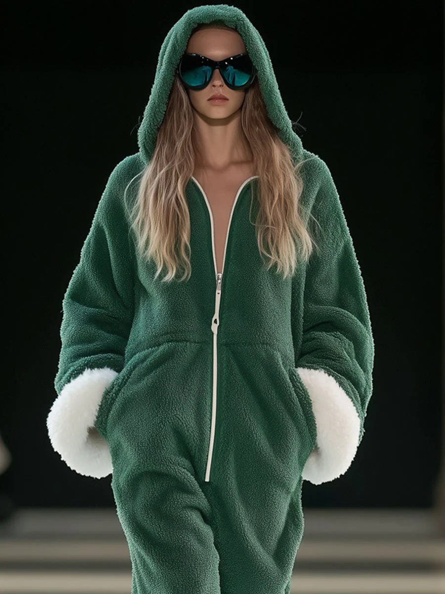 【24-hour shipping out】Casual Loose Green and White Polar Fleece Splicing Zipper Hooded Jumpsuit