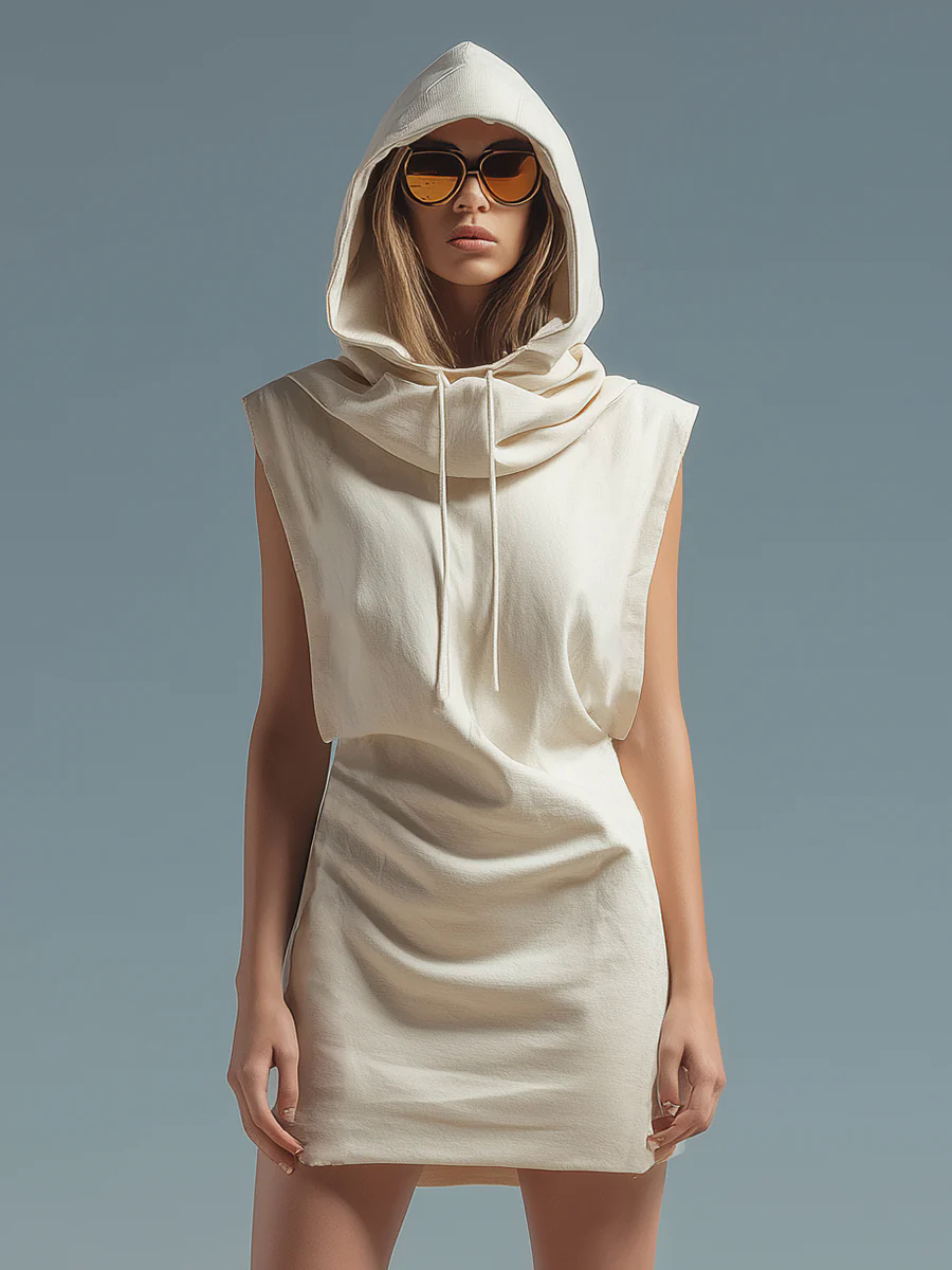 Fashionable Loose Hooded Wide Shoulder Sleeveless Beige Cotton Mini Dress