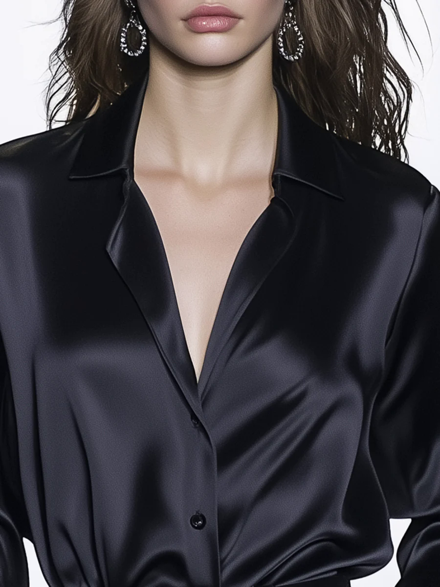 High-end Fashion Black Satin Long-sleeved Shirt