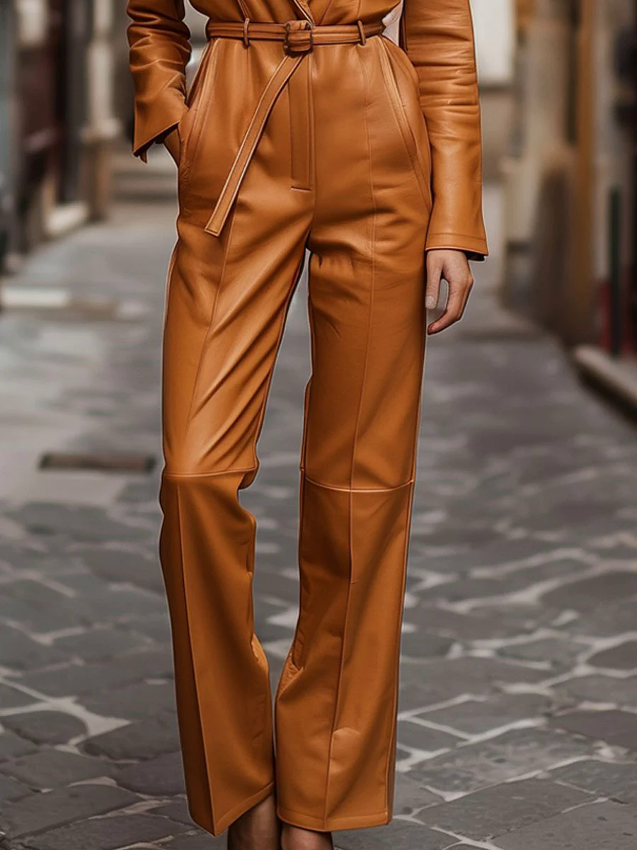 【24-hour shipping out】Casual Loose Pocket Vintage Leather Long Sleeve Jumpsuit