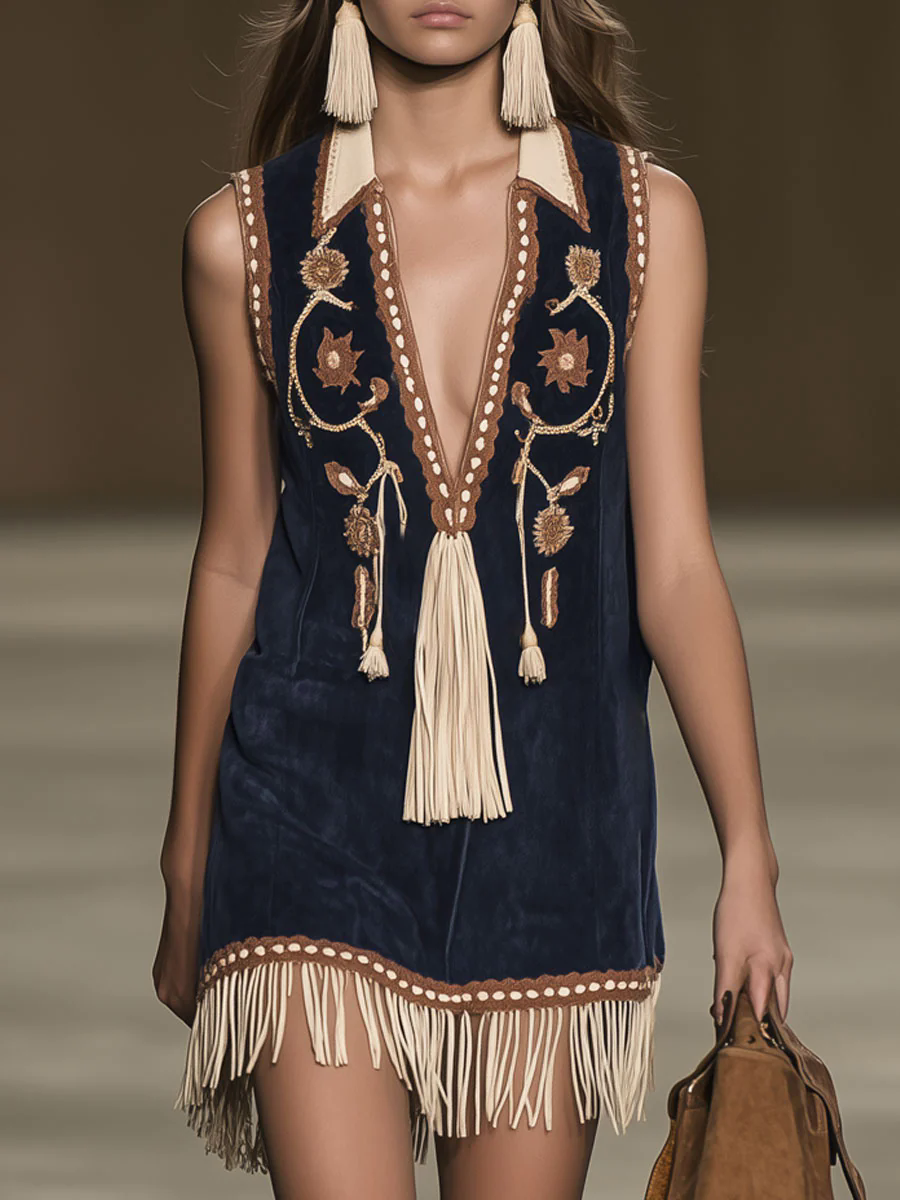 【24-hour shipping out】Casual Loose Vintage Suede Bohemian Embroidered Tassel Sleeveless Mini Dress