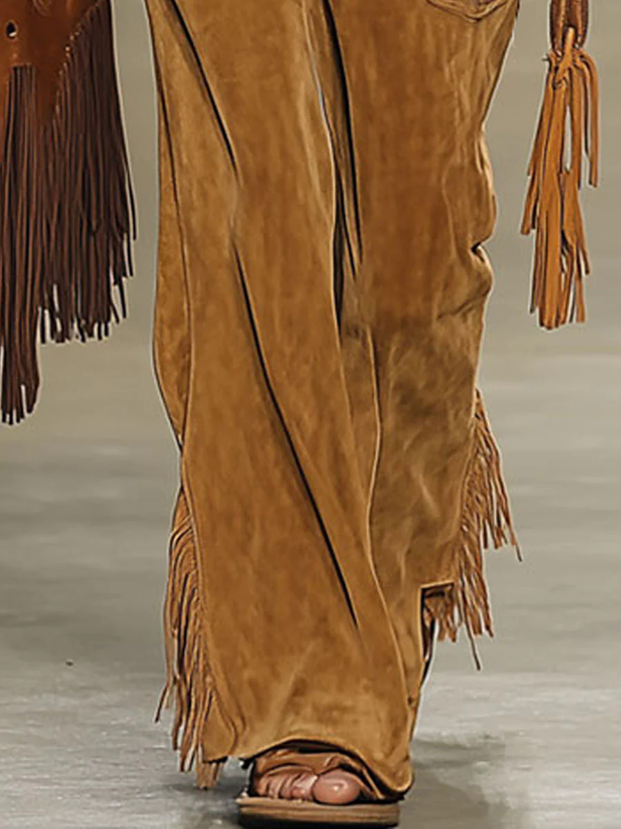 【24-hour shipping out】Casual Loose Vintage Caramel Suede Rivet Tassel Wide Leg Pants