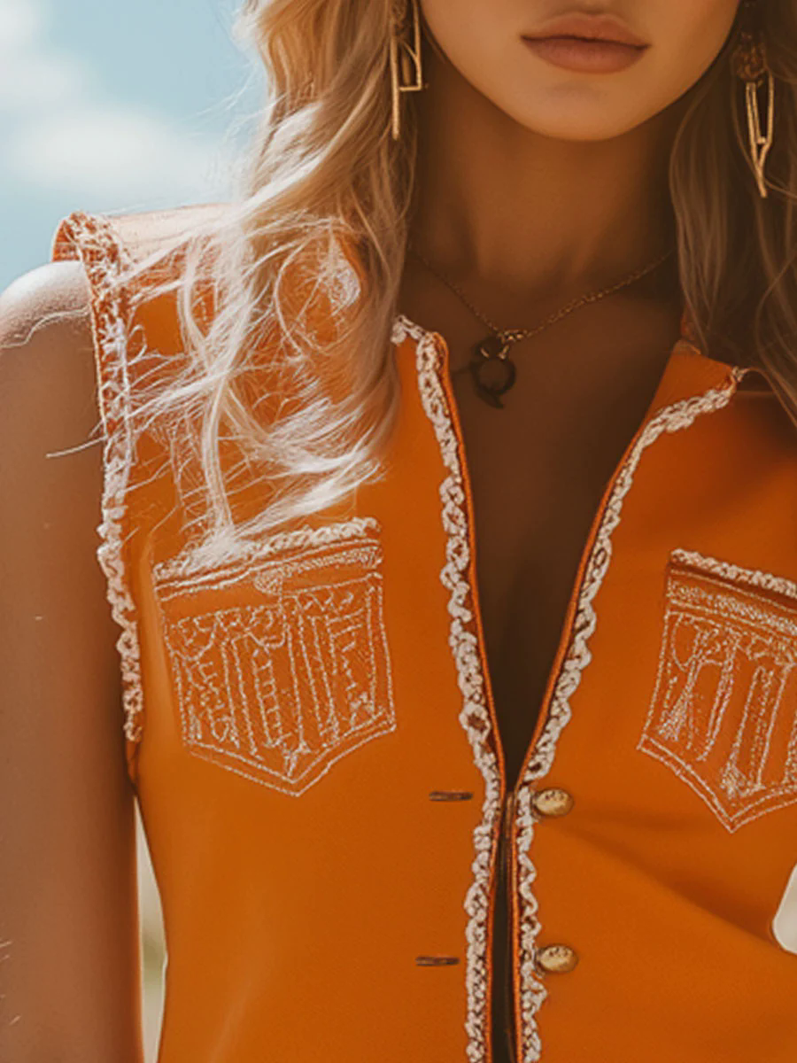 Western Retro Orange Cotton Fringe Pocket Vest