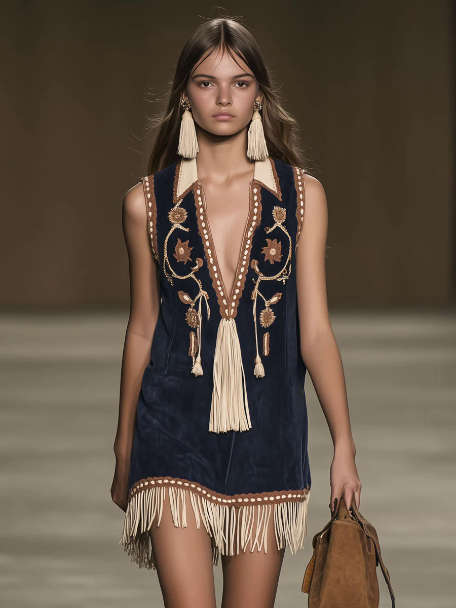【24-hour shipping out】Casual Loose Vintage Suede Bohemian Embroidered Tassel Sleeveless Mini Dress