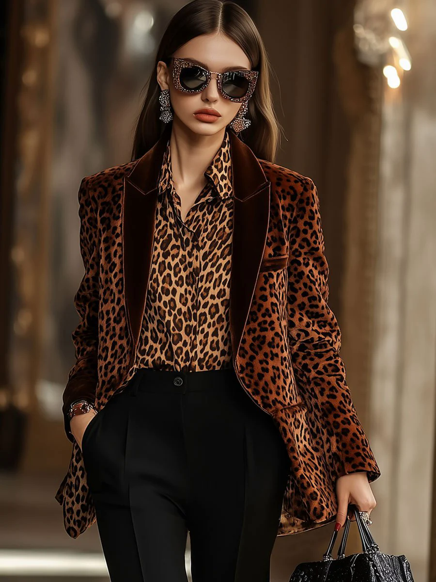 【24-hour shipping out】Casual Loose Retro Velvet Leopard Print Lapel Blazer