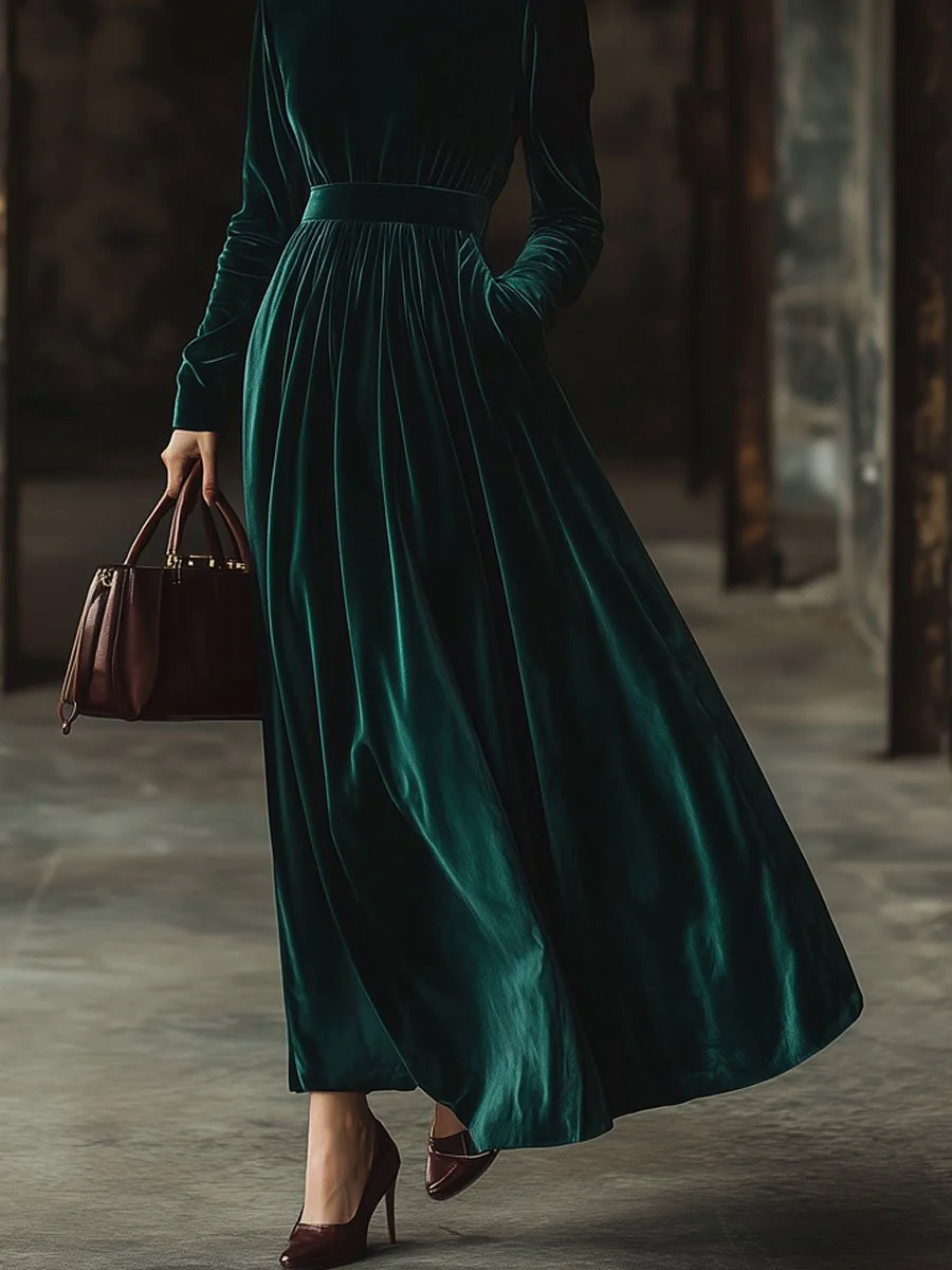 【24-hour shipping out】Stand Collar Loose Party Pocket Solid Velvet Long Sleeve Maxi Dress