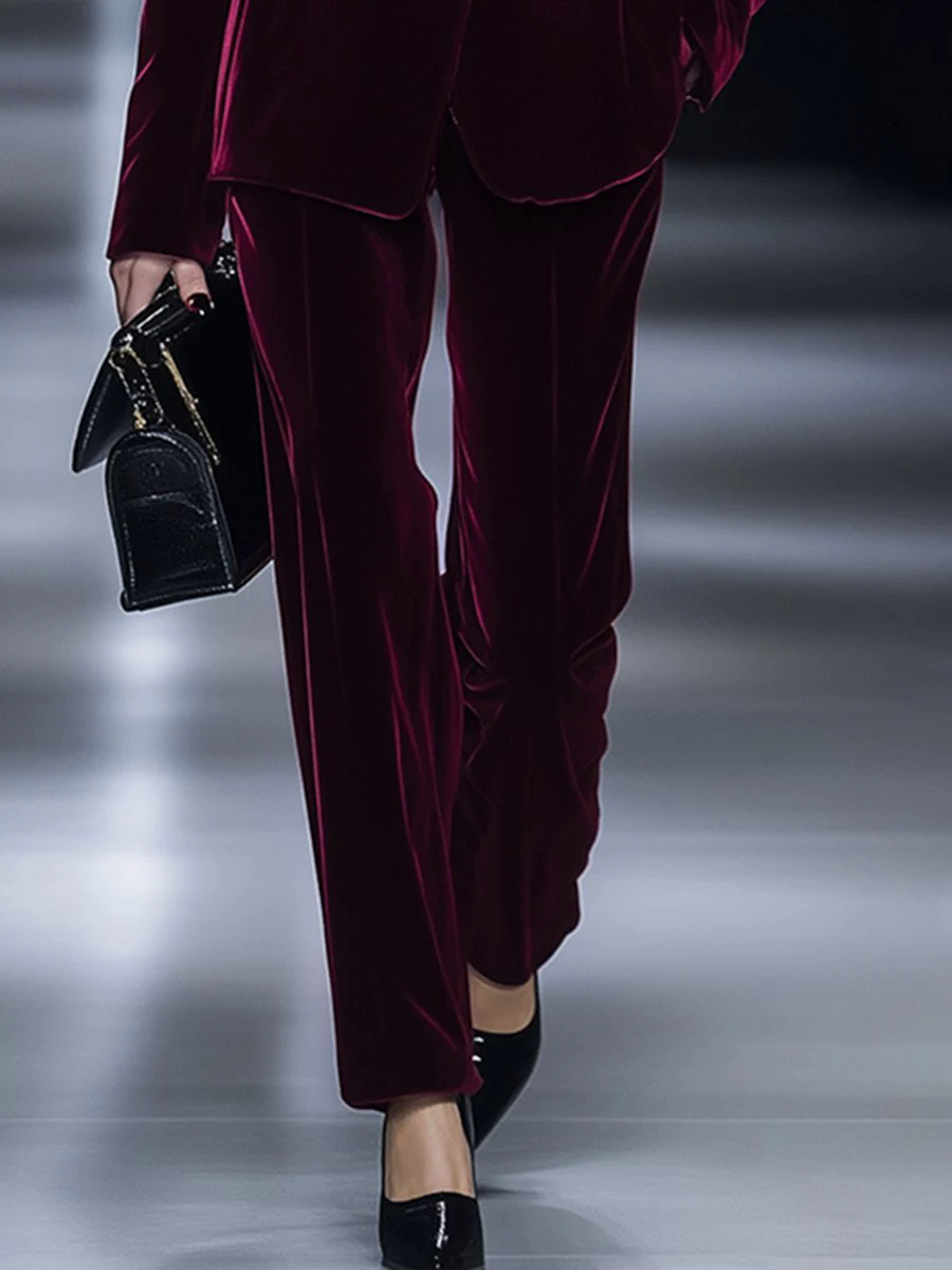 【24-hour shipping】High-End Temperament Loose Retro Burgundy Velvet Suit