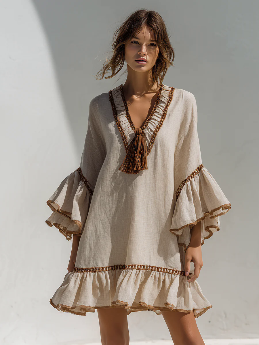 Lightweight Breathable Cotton And Linen Ruffled Long Sleeve V-neck Holiday Mini Dress