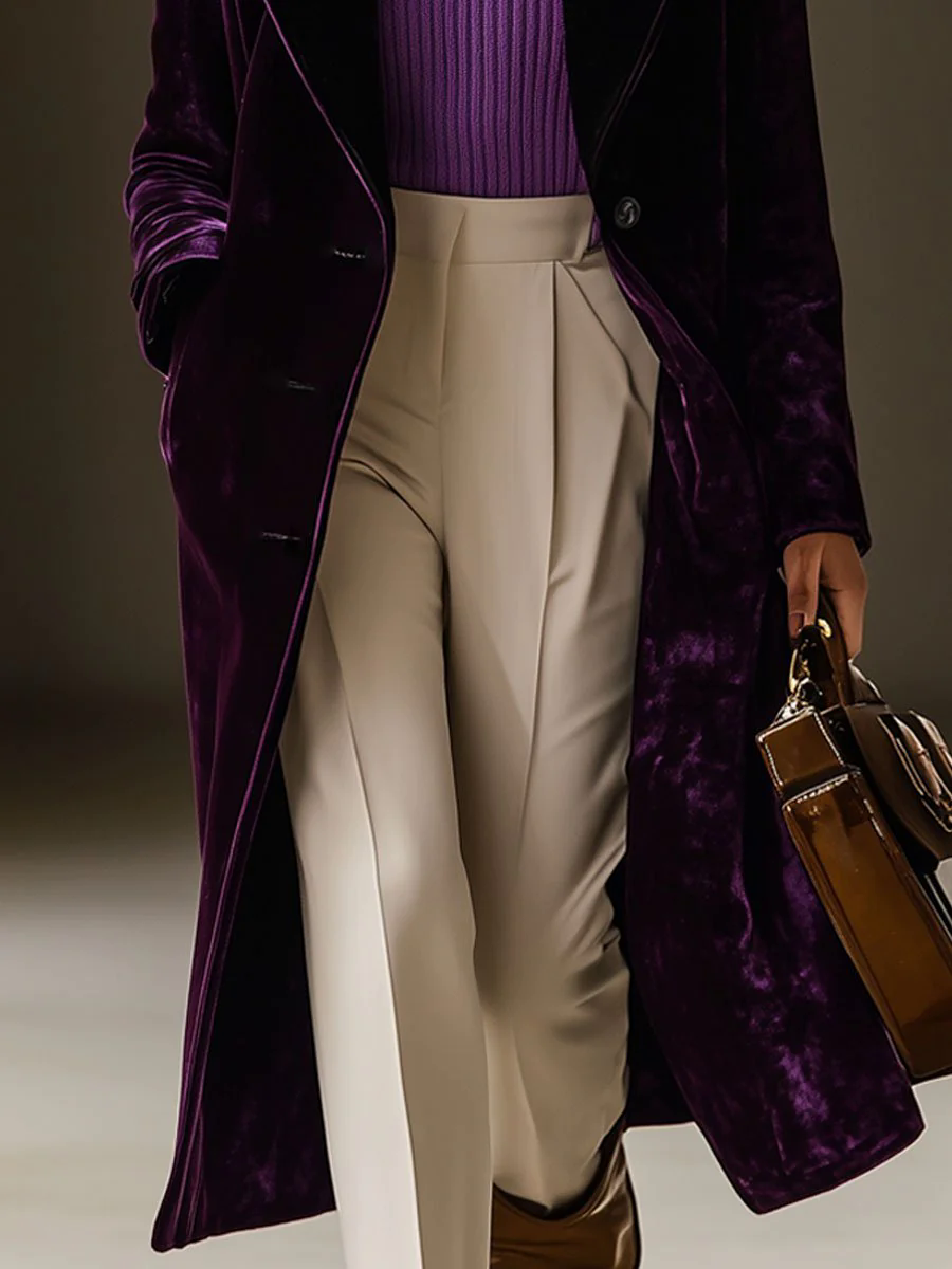 【24-hour shipping out】Casual Loose Retro Velvet Lapel Single-Breasted Mid-Length Coat